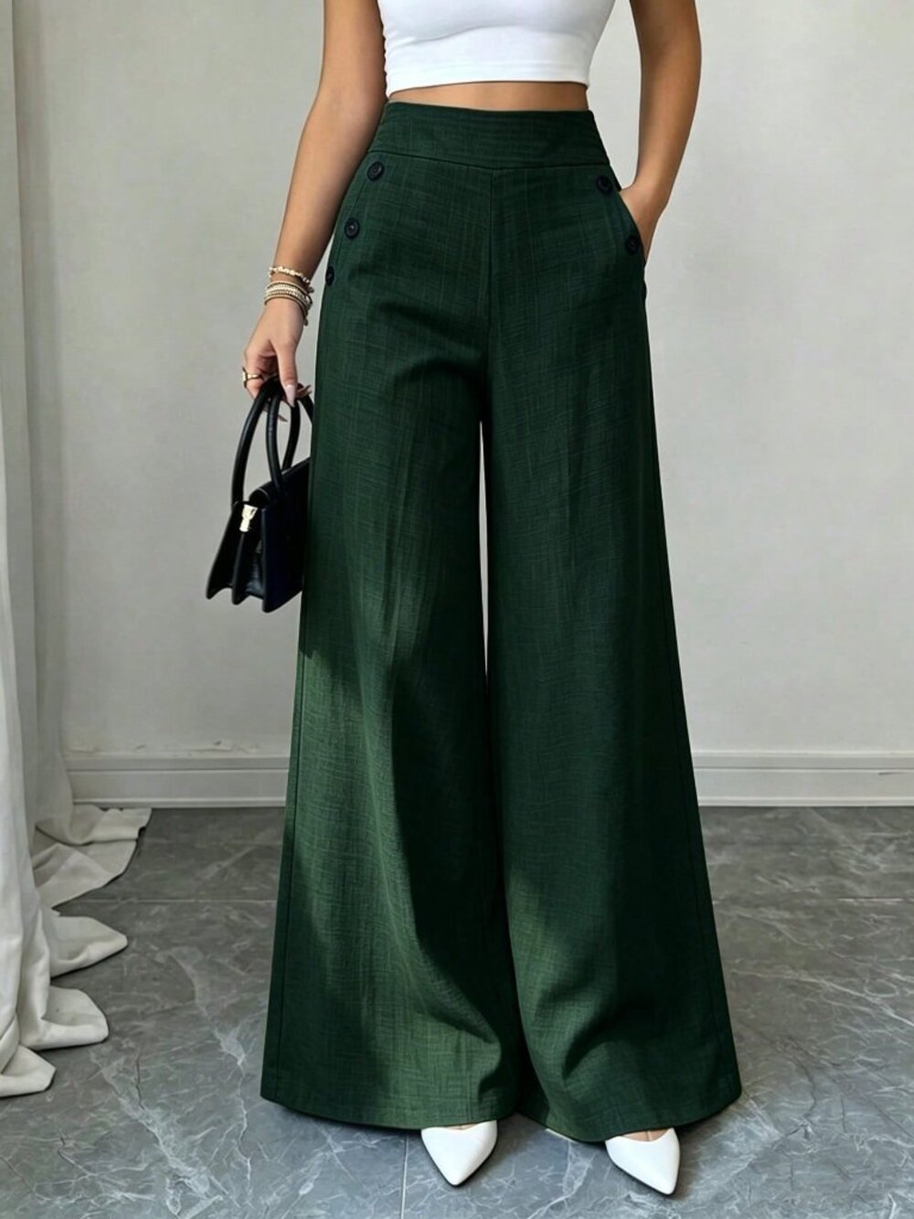 Dark Green Casual Women's Metal Decor Long Pants